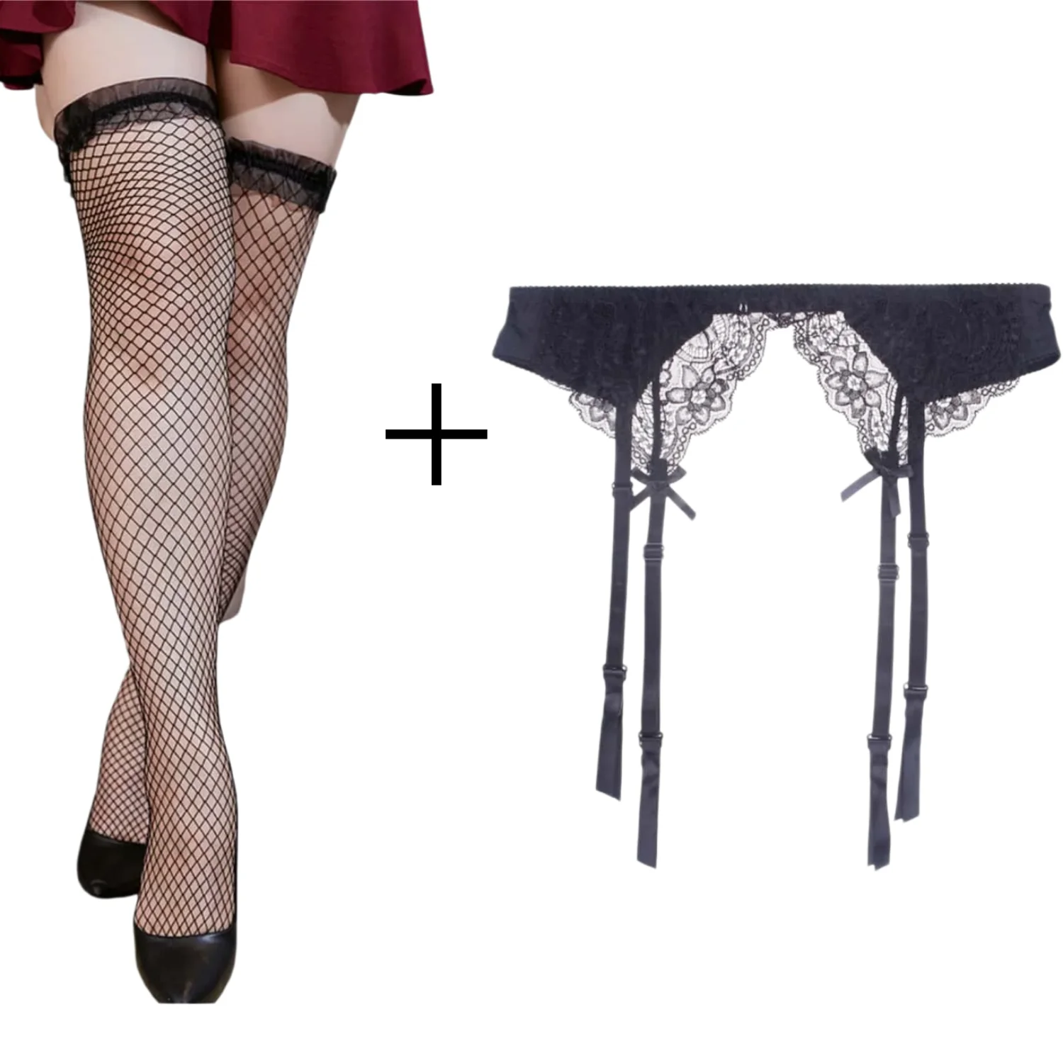 

2pcs/set Women's Plus Size Sexy Adjustable Non-slip High Waist Garter Belt One-piece Stockings Lace Mesh Suspender Pantyhose XXL