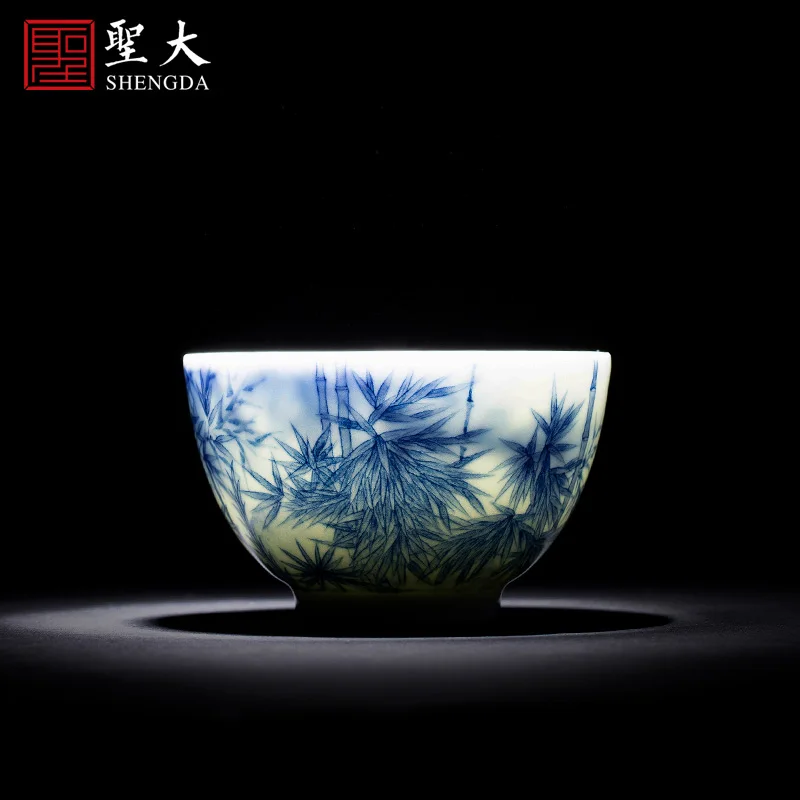 |Kung Fu teacup Master Cup pure manual hand-painted fine work blue and white full bamboo cup Jingdezhen manual tea set