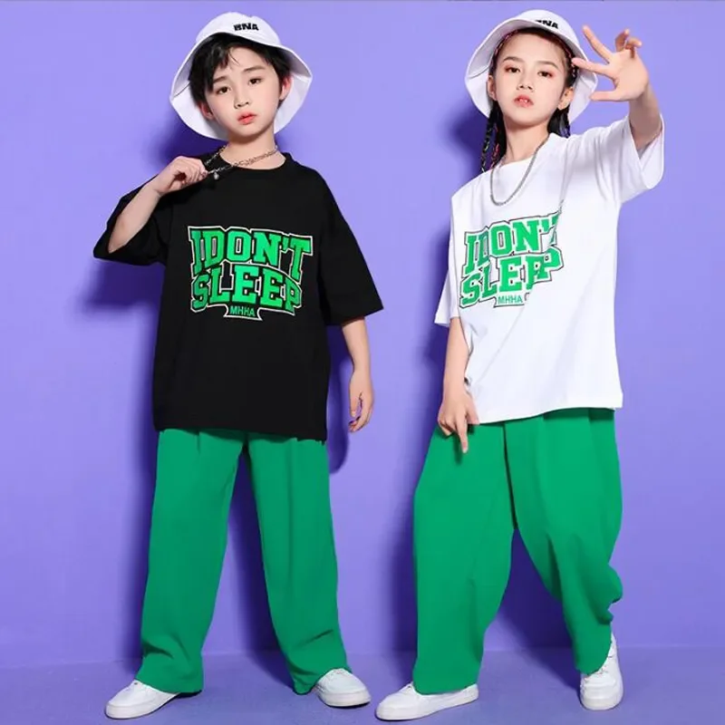 子供のためのジャズダンスの衣装、衣装、ヒップホップウェア、白いTシャツ、トップ、ストリートウェア、グリーンのスウェットパンツ、女の子、男の子、コンサート