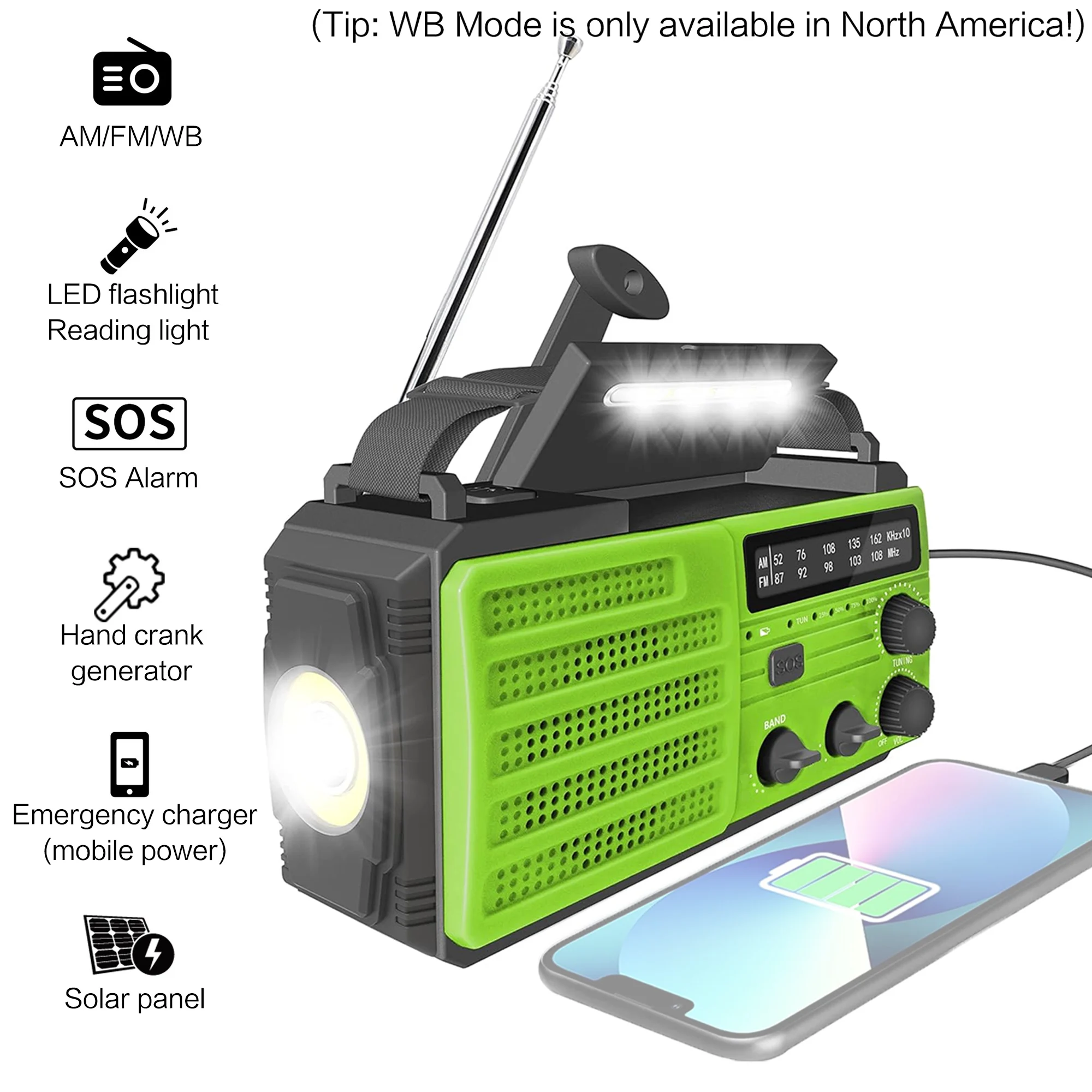 Can Receive AM/FM/WB,Outdoor Flashlight,Can Be Hand-cranked Charging,Solar Charging and USB-C Charging, with SOS Alarm Function