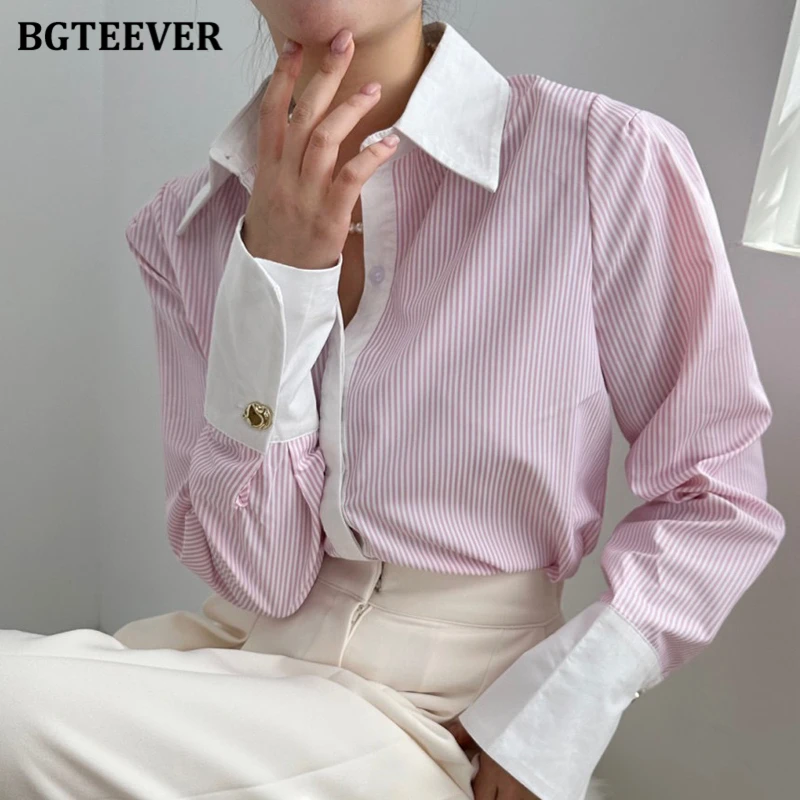 BGTEEVER Casual Long Sleeve Loose Women Striped Shirts Tops Spring Summer Lapel Single-breasted Patchwork Blouses Female