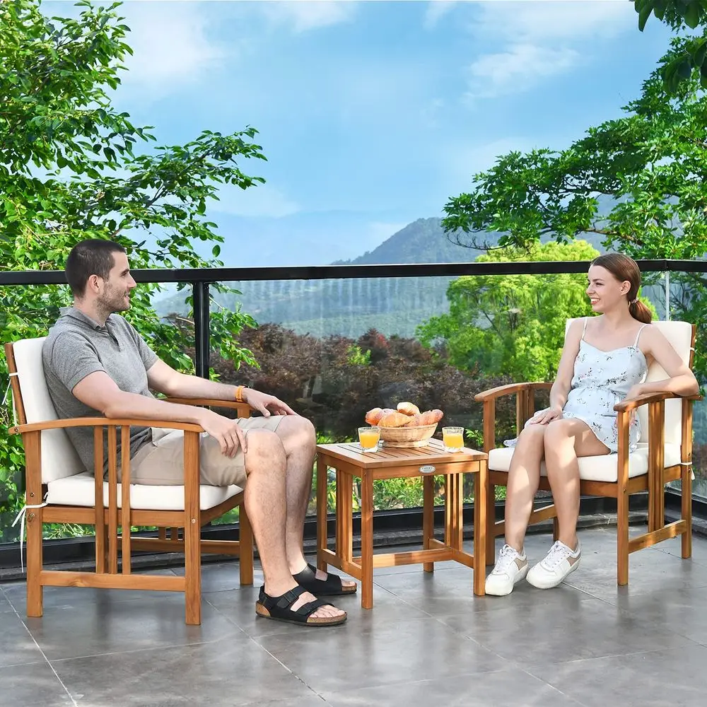 

3 Pieces Patio Furniture Set, Includes Set of 2 Outdoor Acacia Wood Cushioned Chairs and Coffee Table, for Garden, Backyard, Po