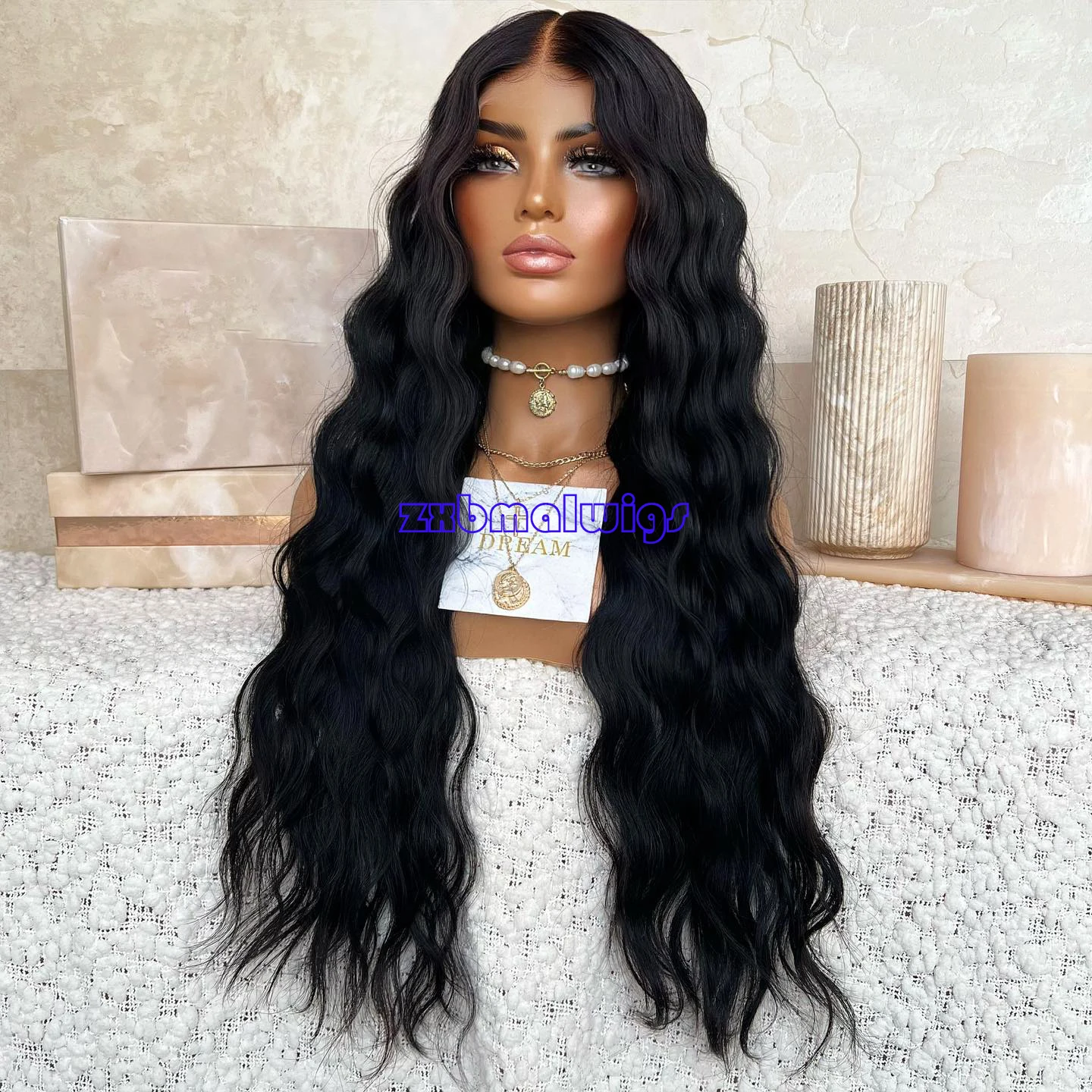 ZXBMALWIGS Black Color Deep Wave Synthetic Hair 13X4 Lace Frontal Wig For Women Glueless Fiber Hair Transparent Lace Wigs