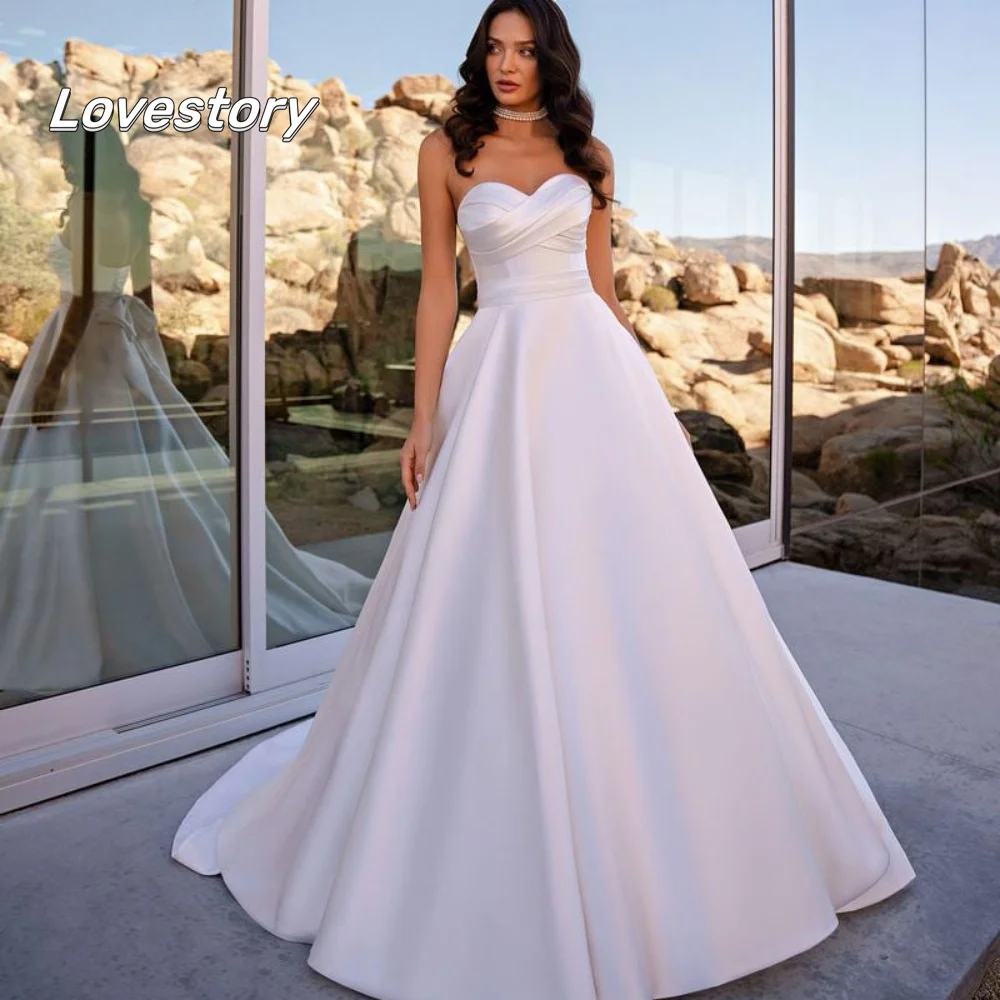 

Customized Simple A Line Wedding Dresses Elegant Sweetheart Bow Bridal Dress Lace Up Court Train Gowns Vestido De Novia