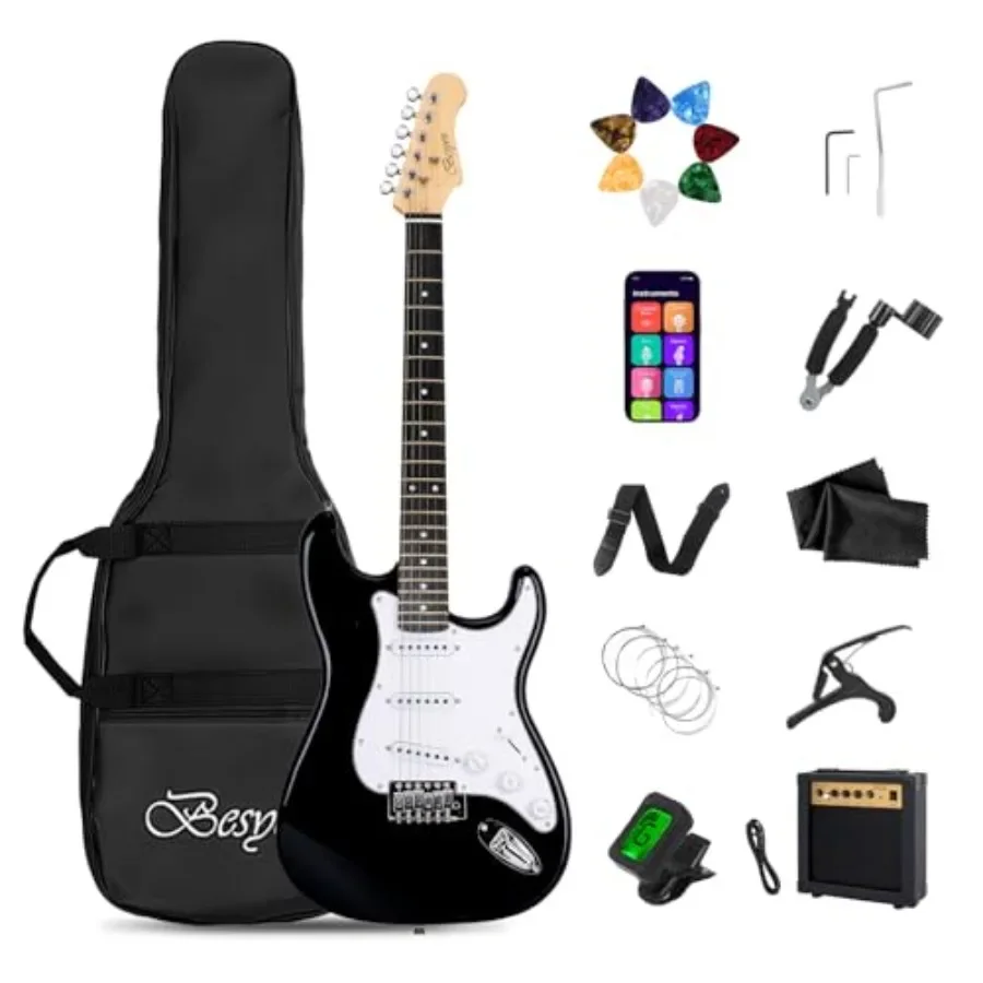 

Beginner electric guitar kit for practice and performance: 39-inch full-size black guitar with SSS pickups, 10W amp, gig bag, t