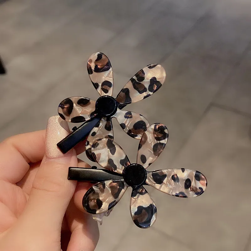 2pcs Acetic Leopard Print Flower Hairpin Korean Fashion Versatile Duckbill Clip Broken Hair Forehead Bangs Side Clip Headwear
