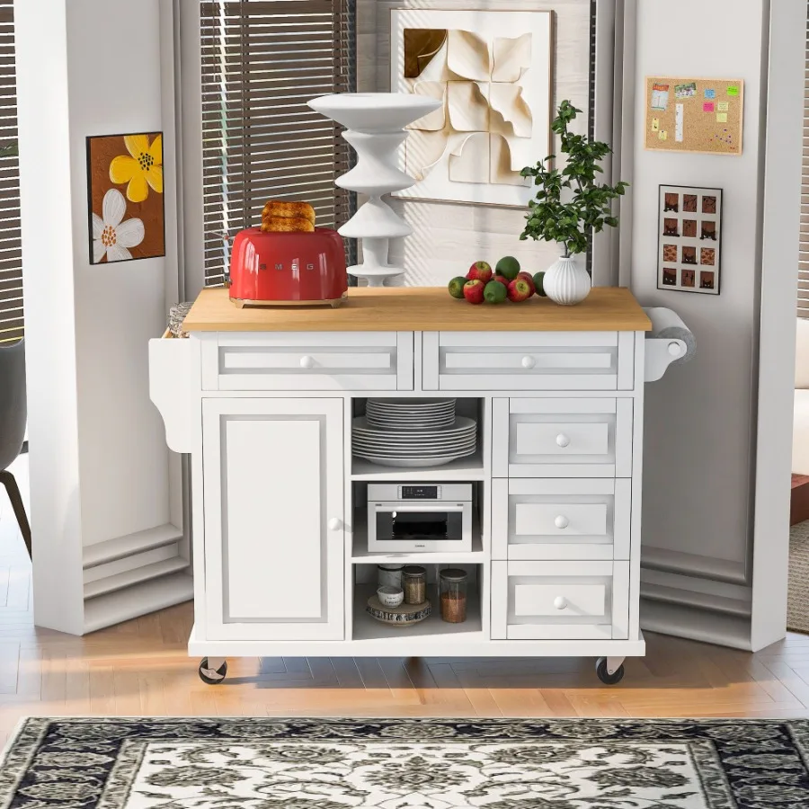 

Kitchen cart with Rubber wood desktop rolling mobile kitchen island with storage and 5 draws 53 Inch length White