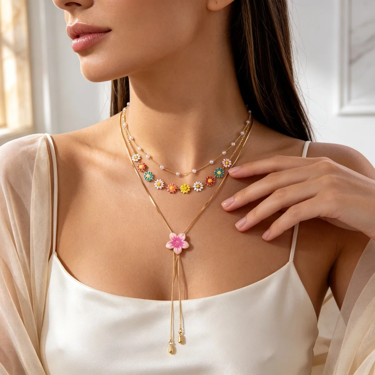 Süße, bunte Emaille-Halskette mit winzigen Gänseblümchen, Schlangenkette, Y-förmiger Quaste und simulierten Perlen für Damen, florales Choker-Schmuckstück – Detail 10