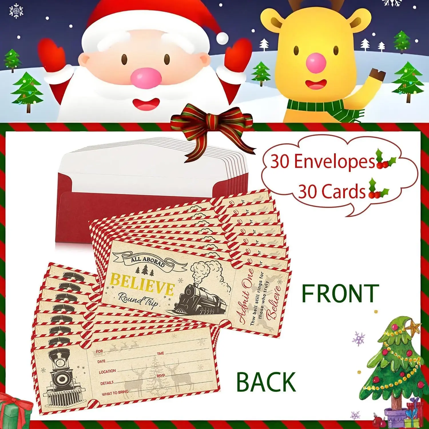 30Set Christmas Polar Believe Ticket Invitation Letters with Envelopes 3x8Inch-Bulk North Pole Train Tickets Polar Conductor