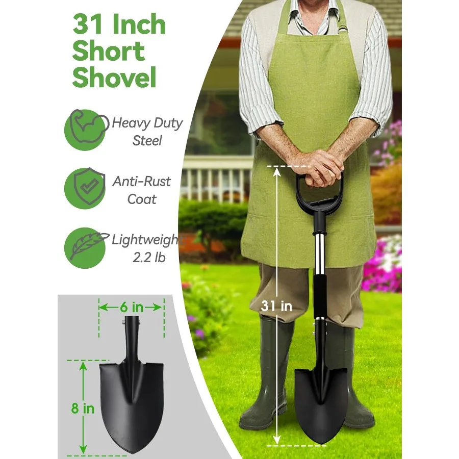 Pá pequena de 31 polegadas para escavar jardinagem acampamento off road pá de jardim de metal curta com lâmina de ponto redondo dhandle grip mini
