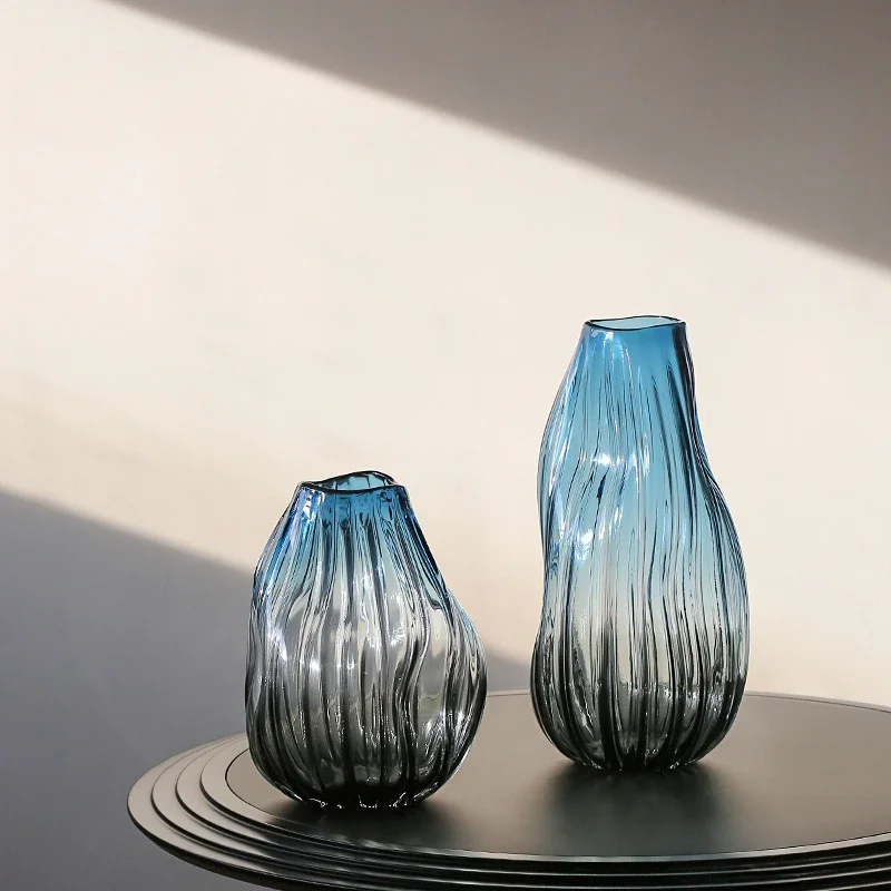Glacier Blue Striped Small Mouth Twisted Handmade Hydroponic Glass Vase Home Decoration Flower Ware