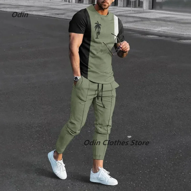 Nowa dostawa hawajskie spodnie męska koszulka dres drzewo kokosowe T-shirty z nadrukiem 3D zestaw 2 sztuk Streetwear za duże garnitury