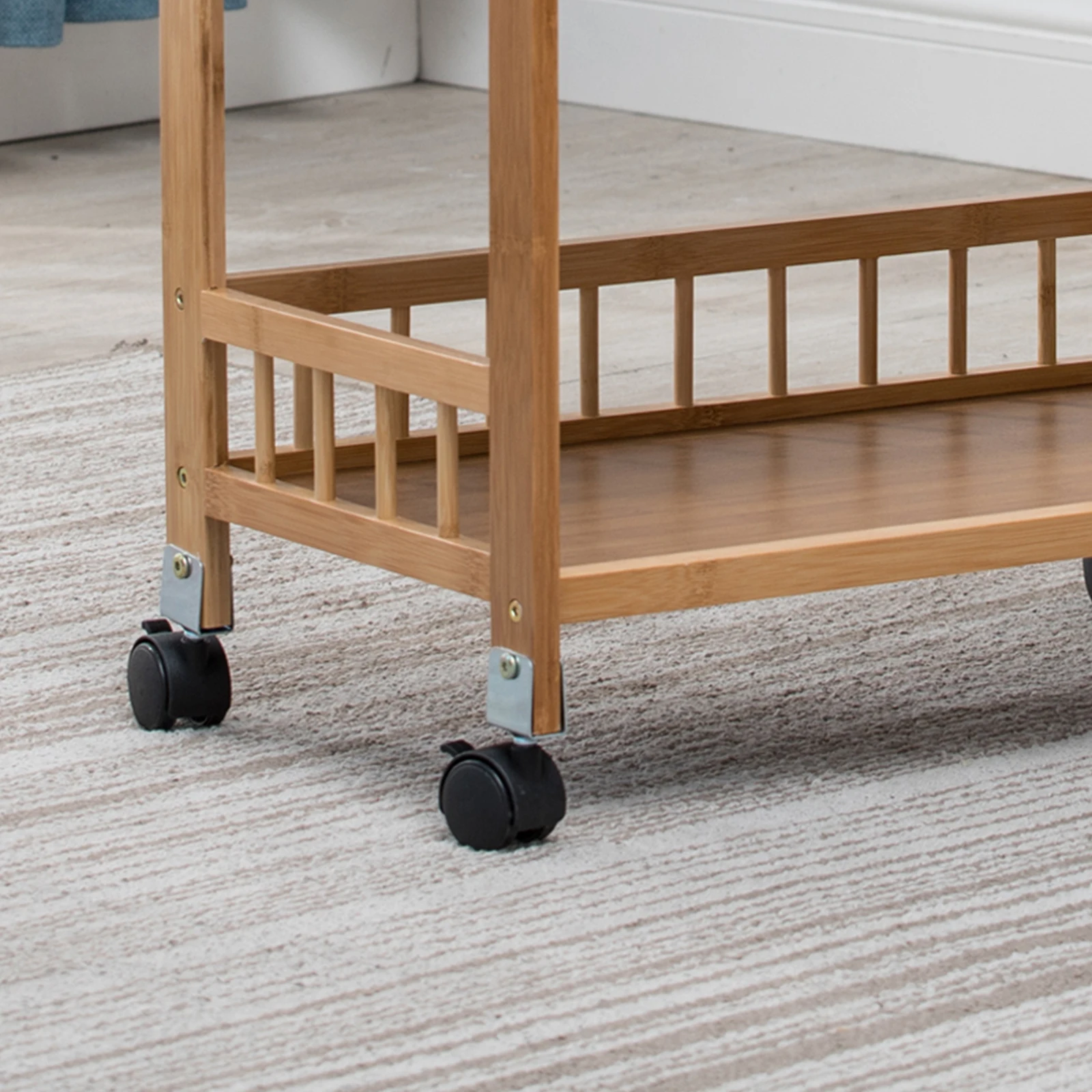 3-Tier Mobile Serving Cart Kitchen Storage Rack Serving Wheelcart Rolling Serving Carts Bamboo 65kg Load