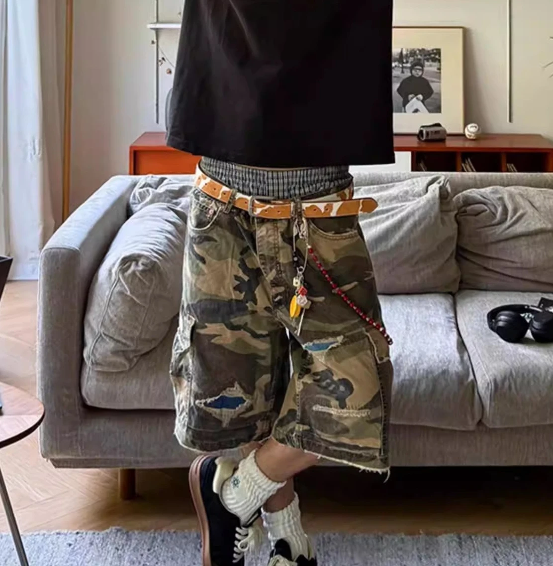 Big Pocket Ripped Patch Denim Shorts Hiphop Summer Men's Design Five-point Pants
