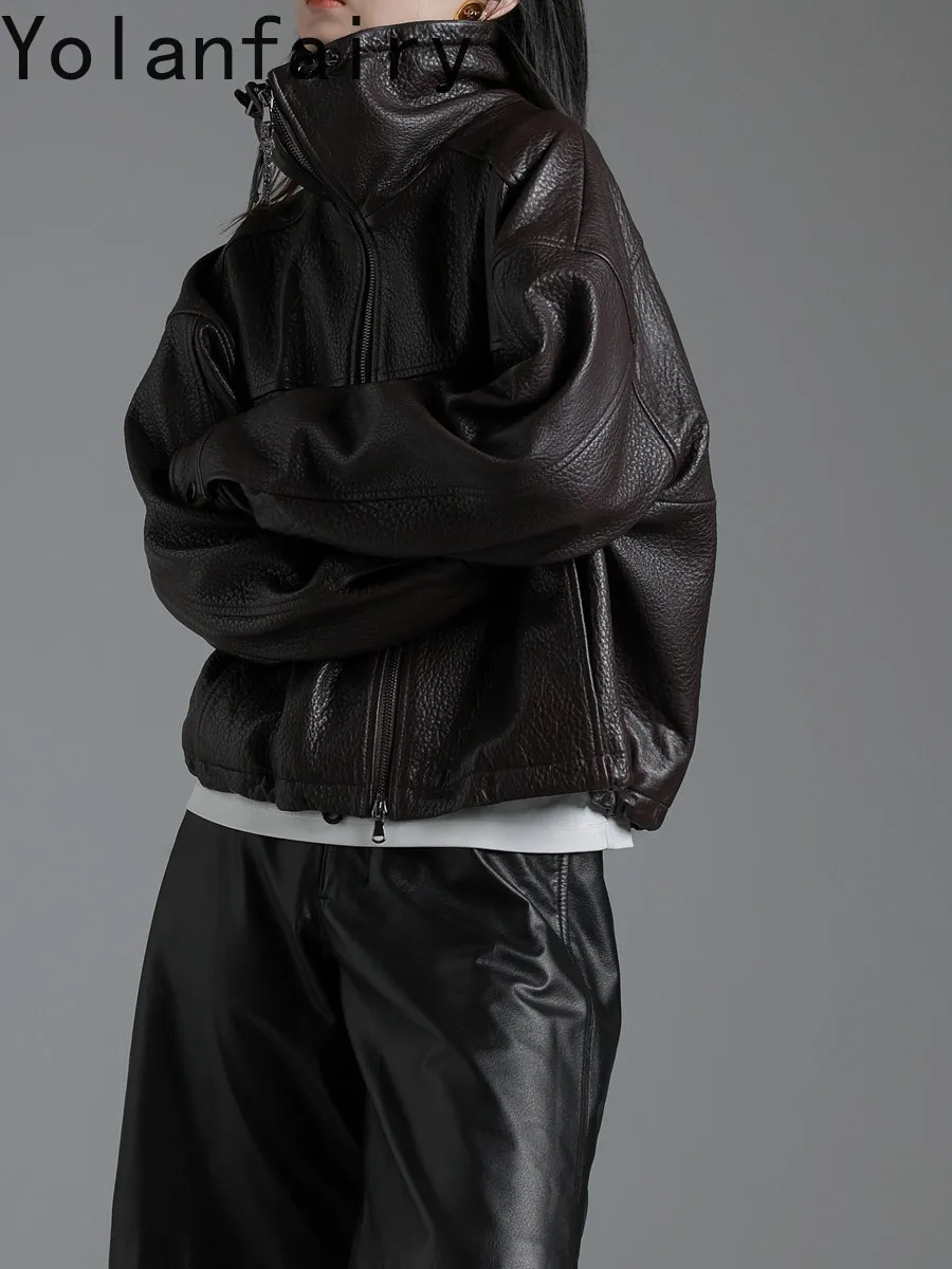 YOLANFAIRY Bubble Textured Real Sheep Leather Coat Women Vintage Old Money Cropped Short Genuine Sheepskin Leather Jacket 2026