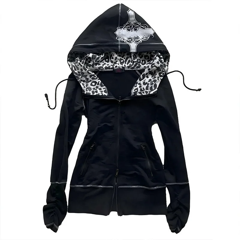 للجنسين على الوجهين يمكن ارتداؤها هوديي الشارع الشهير العلامة التجارية Y2K النمط الأمريكي ليوبارد طباعة قمة الصليب القوطية موضة المرأة الرجال #3