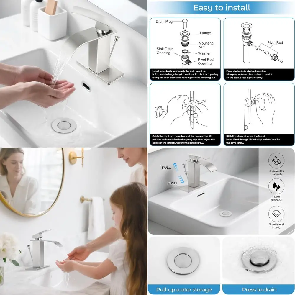Modern Single Handle Brushed Nickel Bathroom Faucet with Lift Rod Drain for 1 or 3 Hole Sinks