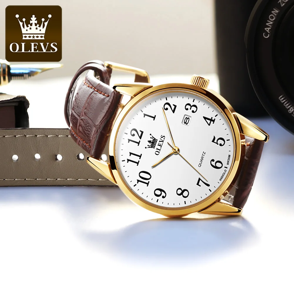 OLEVS 5566 Jam Tangan Quartz Fashion untuk Pria dan Wanita Tali Kulit Tahan Air Jam Tangan Original Skala Angka Arab Hadiah untuk Orang Tua
