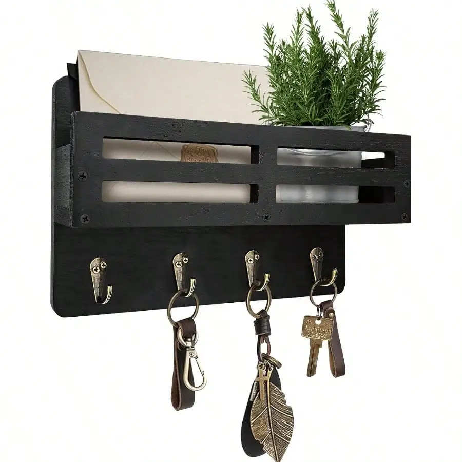 10-дюймовая черная стойка для ключей в деревенском стиле. Настенный 4-крючок, декоративный органайзер для ключей, почты и солнцезащитных очков.