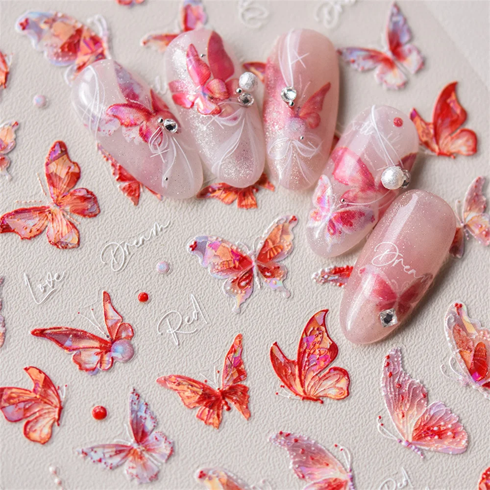 5D Brilhante Shell Aurora Borboleta Prego Adesivos, Red Nail Art Decoração Decalques, DIY Manicure Slider Folha, Alta Qualidade, Kawaii, 1Pc
