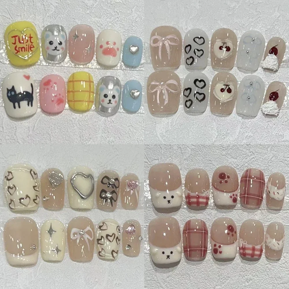 

Summer Sweetheart Handmade Full Cover False Nails Kawaii Cartoon Cat Flowers Cat Eyes Short Square Reusable Fake Nails Stickers