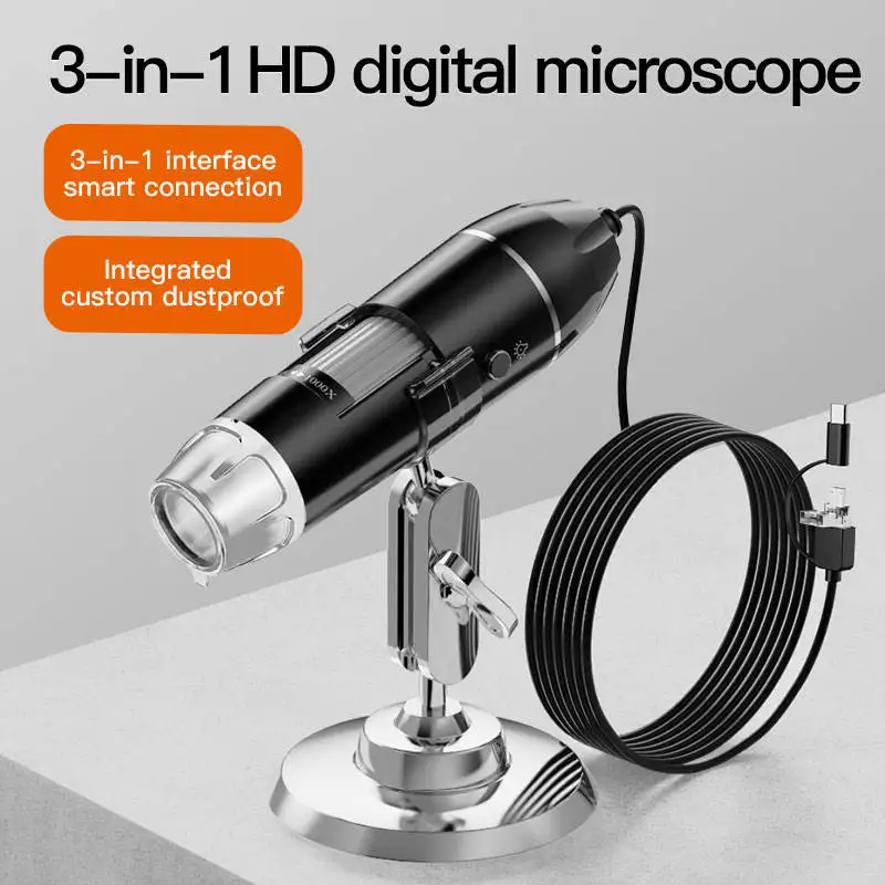 Câmera de microscópio digital portátil, 3 em 1, 1600X LED Magnifier, Tipo-C, USB, eletrônica, reparo do telefone