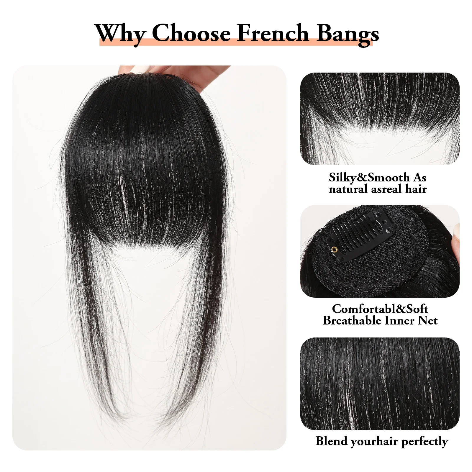 Black Human Hair Bangs OverHead Clip in Hair Extensions Blunt Cut Natural Hair Bangs Fringe Hairpieces for Women in Air Bangs