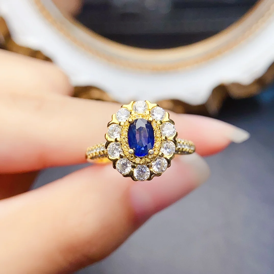 

Fashion 4*6mm Natural Sapphire Ring Real S925 Sterling Silver Certificate Fine Flower Luxury Zircon Wedding Jewelry for Women FS