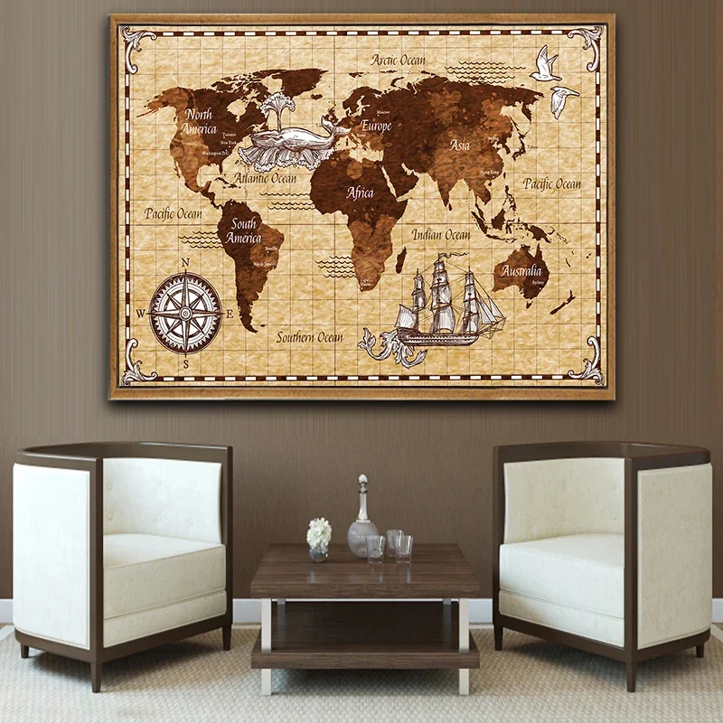 Vintage World Map Wall Art Canvas Paintings Prints Artwork Aesthetic Living Room Hanging Poster Pictures Bedroom Decoration