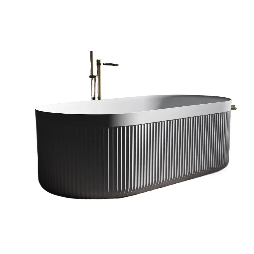 Luxury vertical stripe pattern freestanding solid surface soaking bathtub for residential and hotel use includes drainers