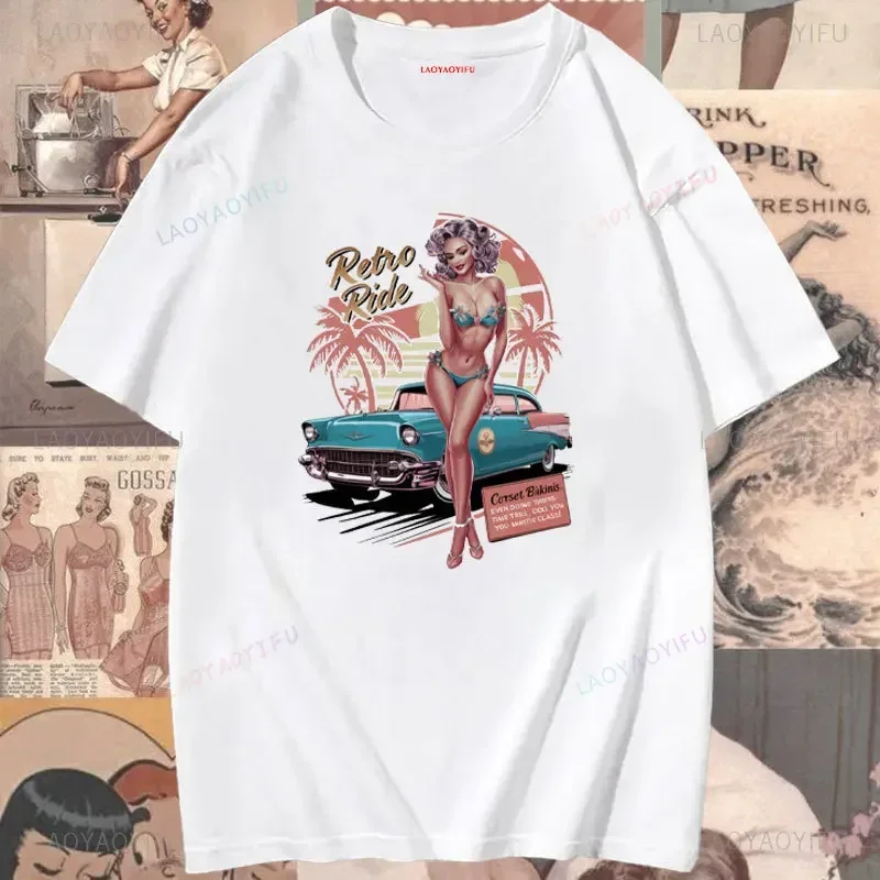 Retro Ride Car Pin-up Girls Graphic T Shirts Summer Beach Heat Coconut Trees Woman Vintage Cotton T-shirt Man Outdoors Tops Tee