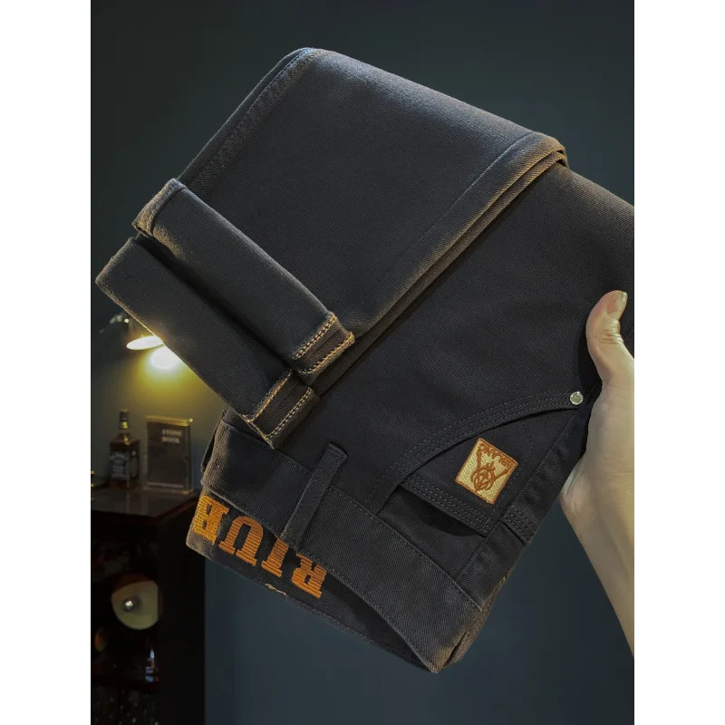 Черные джинсы, мужская мода, осенний толстый стиль, новинка 2025 года, высококачественные мужские брюки с вышивкой