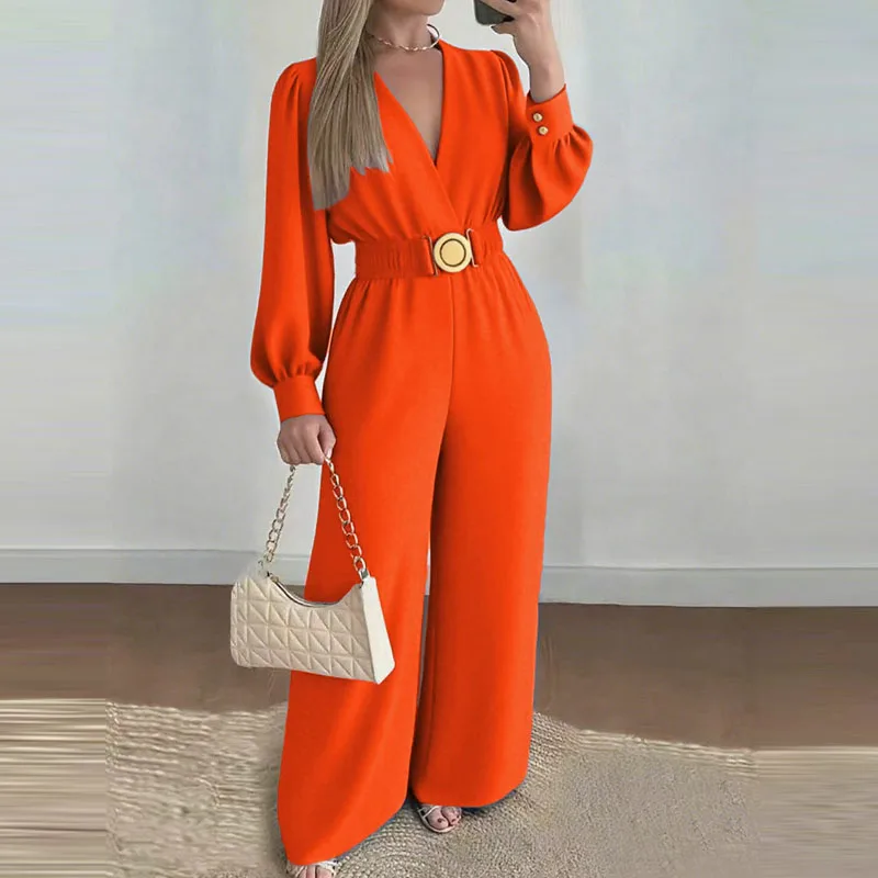 

Autumn Elegant V-neck Solid Long Jumpsuits Fashion Commuting Belt Lace-Up Wide Legger Romper Casual Long Sleeve Women's Playsuit
