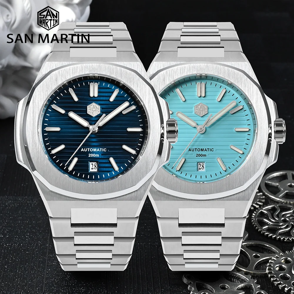 San Martin 43mm Luxury Business Men Diver Watch 316L Stainless Steel Classic PT5000 Automatic Mechanical Sapphire 20 ATM BGW-9