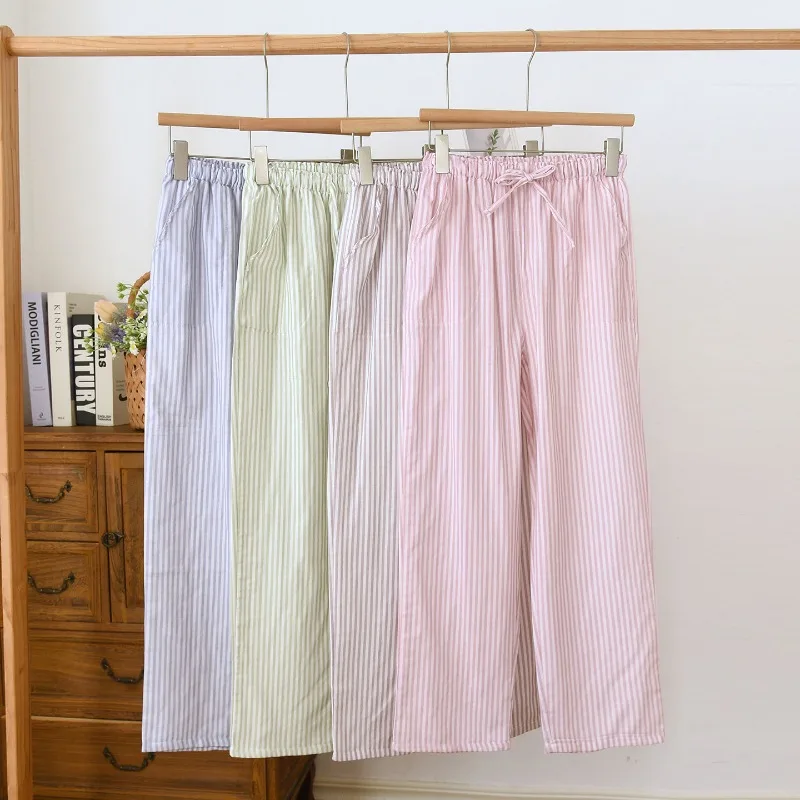 Women Pure Cotton Gauze Lounge Pants Soft Breathable Striped Pajama Bottoms Loose All Season Home Wear Trousers with Pockets