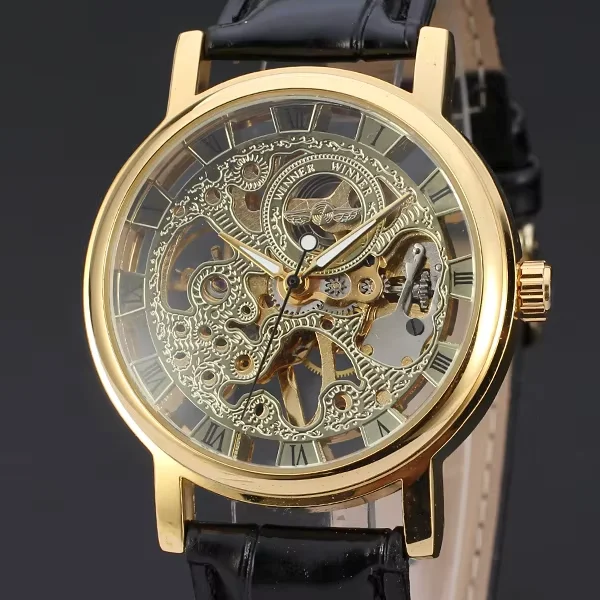 

T-WINNER Luxury Perspective Watches Golden Rome Dazzle Dial Mechanical Self Wind Men Women Montre Casual Classic Leather Watch