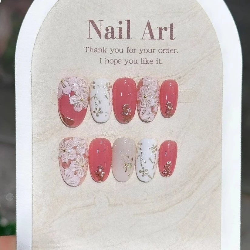 

24pcs Hand Painted Flowers Fake Nails Pink Almond Press on Nails Gold Foil Wearable Press on False Nails Glazed Enamel Nail Art