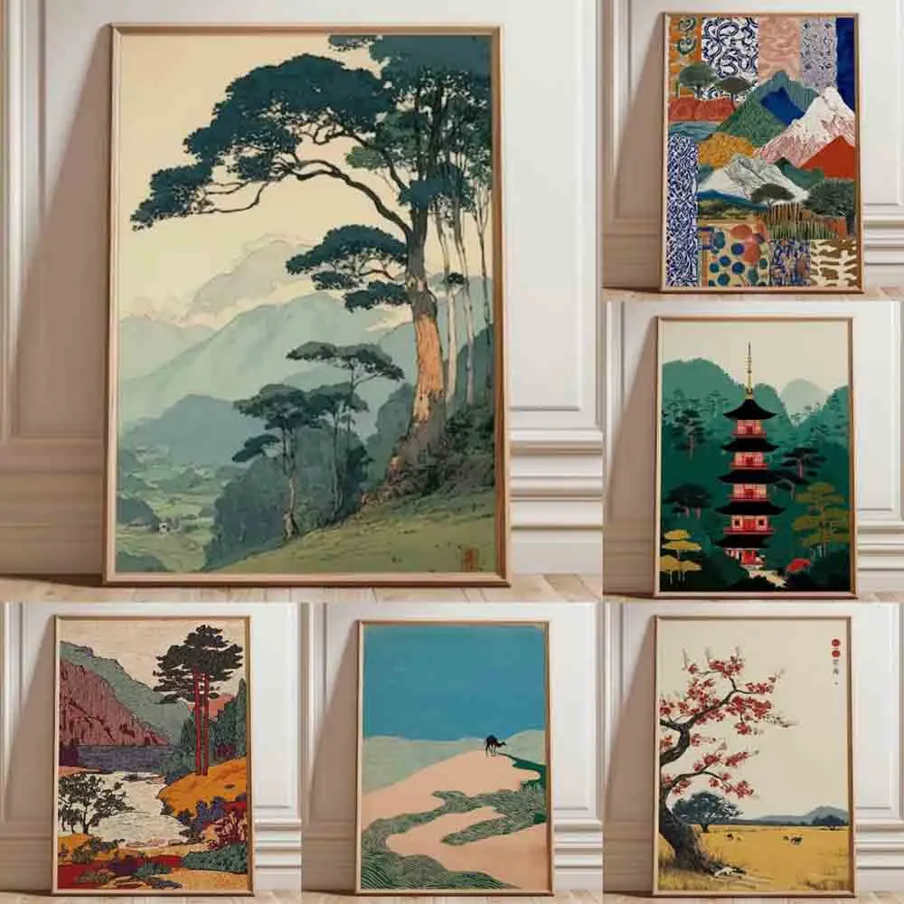 Retro Japanese Forest & Koi Fish Zen Water Painting Canvas Poster Abstract Sun Waves Wall Art Printing for Peaceful Home Decor