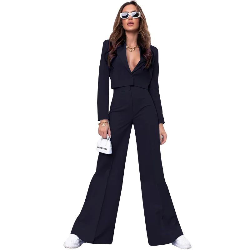 Women\'s Pant Suits European and American Trend Solid Color Short Long Sleeve Small Suit Fashion High Waist Wide Leg Pants Suit