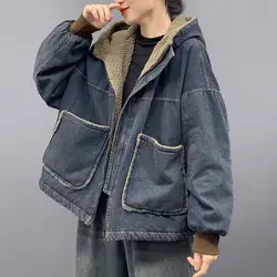 2024 Winter Fashion Casual Denim Jacket Women Warm Vintage Ladies Hooded Thick Granular fleece jeans Coat Loose Outerwear R572