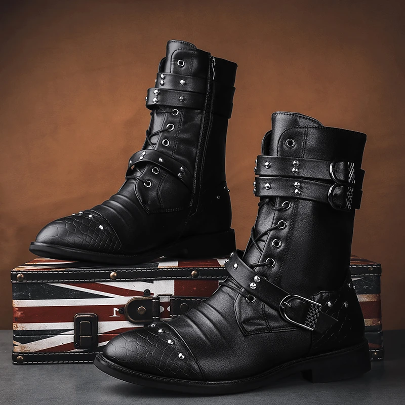 Men Boots Rivet Combat Boots Mens Vintage Cowboy Boots Punk Goth Biker Shoes PU Leather Outdoor Motorcycle Tactical Army Boots