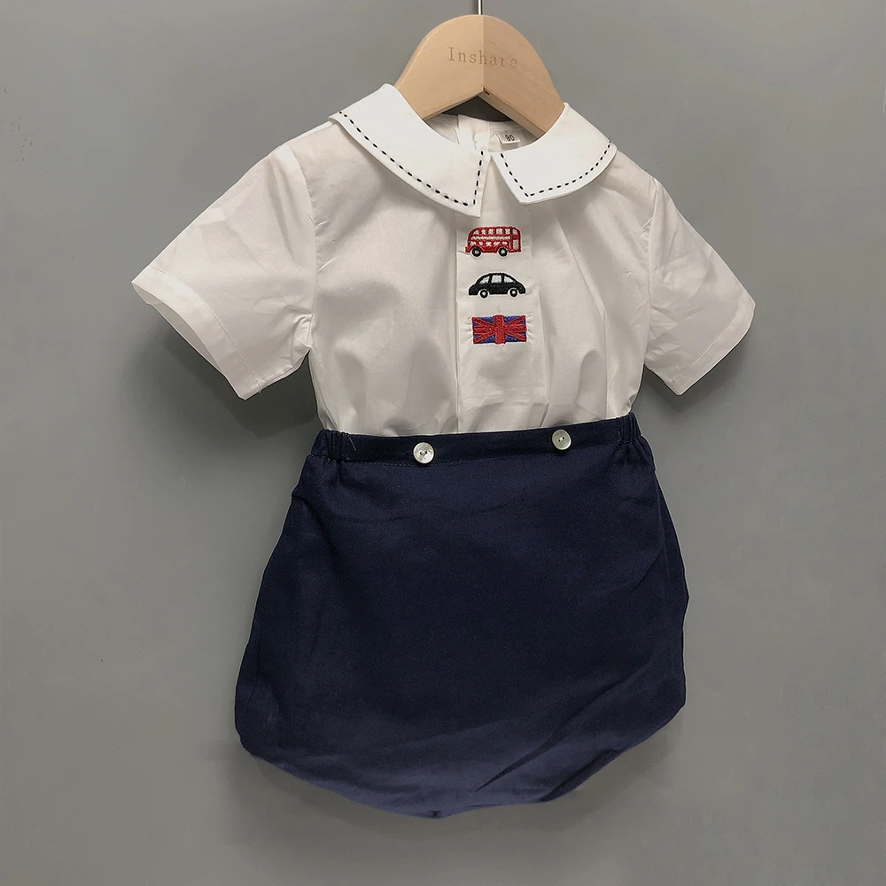 Children Boutique Clothing Set Toddler Boy Short Sleeves Cute Car Embroidered Clothes Cotton Shirt Linen Shorts Prince Ins Hot