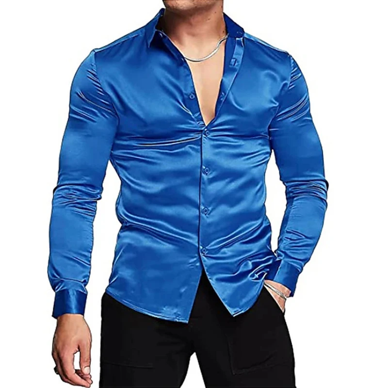 Camisas masculinas vintage de cetim manga longa, lapela de botão, camisa de seda macia masculina, cor sólida, top fino brilhante, casual, nova, primavera