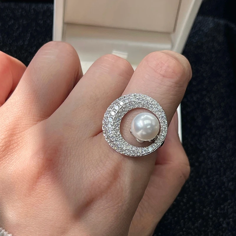 Shining Star River Precision Full Diamond Ring 8-9mm Natural Freshwater Pearl Strong Light Exquisite Sense Gentle and Grand Gift