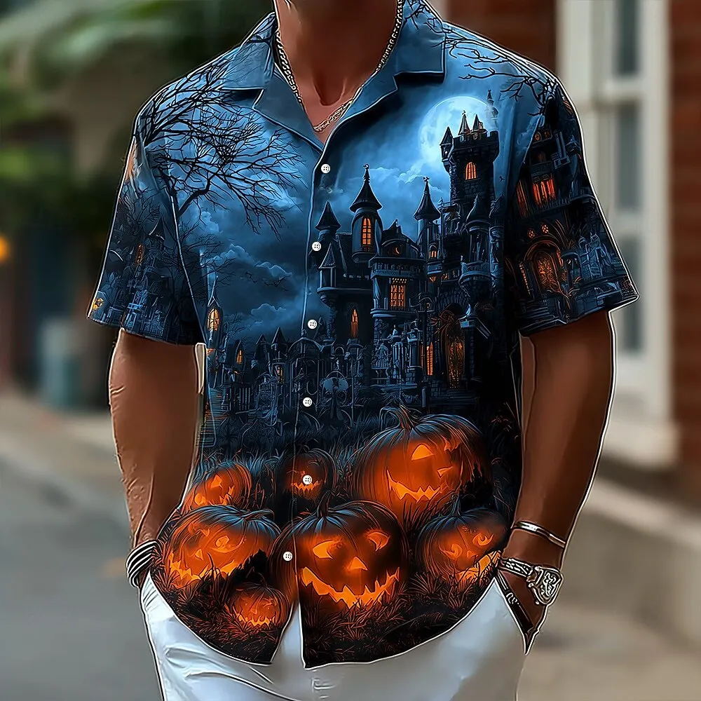 Halloween Herren Halloween Castle Themed Shirt Button Up Shirt Kurzarm Dark Punk Gothic Style Urlaub Streetwear Sommer