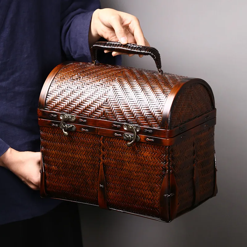 Boutique High-Grade Tea Box Suitcase, Vintage, Famous Collection, Bamboo Braided Bag, Portable Bamboo Bag, Chinese Style