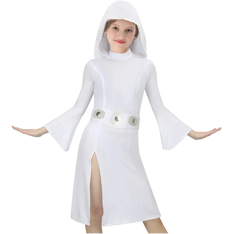 

Princess Leia Fancy Dress Cosplay Costume For Kids Hooded Robe Pure White Long Gown with Belt Halloween Carnival Suit Sets