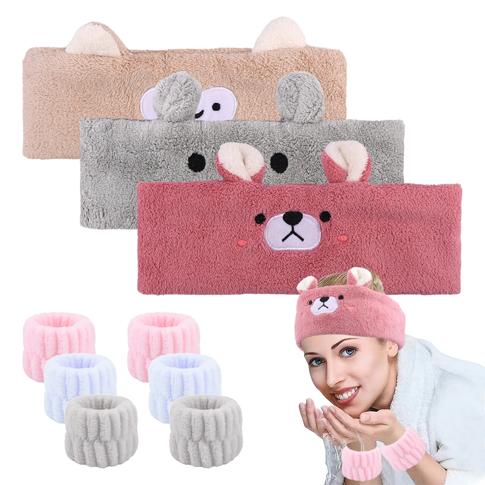 9pcs Women Washing Face Skin Care Wrist Washband Daily Cute Washable Reusable Elastic Soft Spa Animal Design Makeup Headband Set