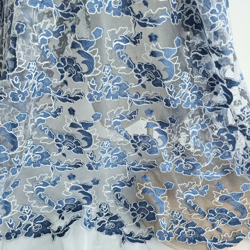花柄ロープ刺繍チュールレース生地-幅130cm-シアーメッシュ生地-ドレス、ガウン、アクセサリー、ホームテキスタイル、縫製材料用