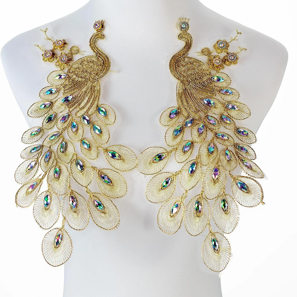 1 Paar wunderschöne Strass Pfau Stickerei Patch Stoff für Abendkleid Bühnenkostüme Zubehör Nähen Reparatur Handwerk